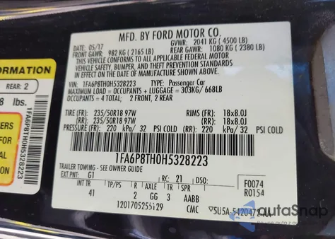 2017 Ford Mustang Ecoboost from USA, damaged, VIN 1FA6P8TH0H5328223